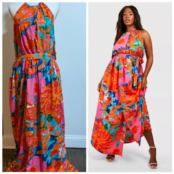 Boohoo Dresses & Skirts - NWT Boohoo Bright Floral Floor Length Halter Dress Plus Size 18